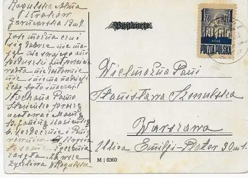 Postkarte Krakow nach Warszawa 1945