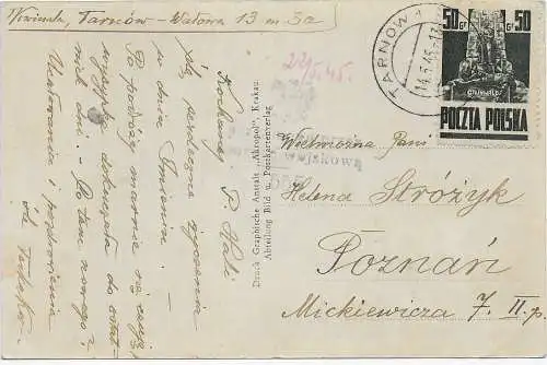 Postkarte Tarnow mit Zensur nach Posen, 1945