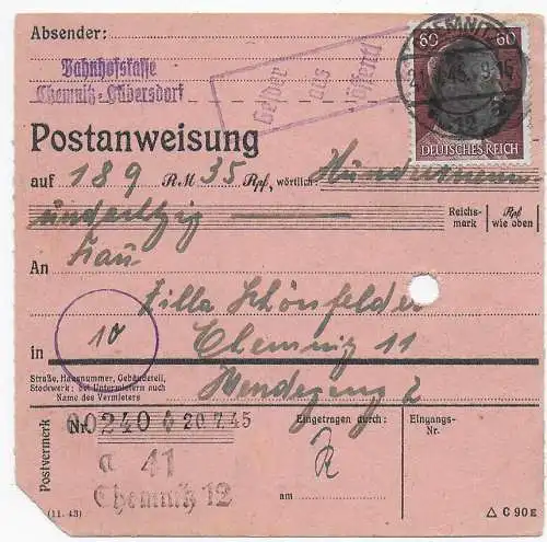 Paketkarte Bahnofskasse Chemnitz-Hübersdorf 1945