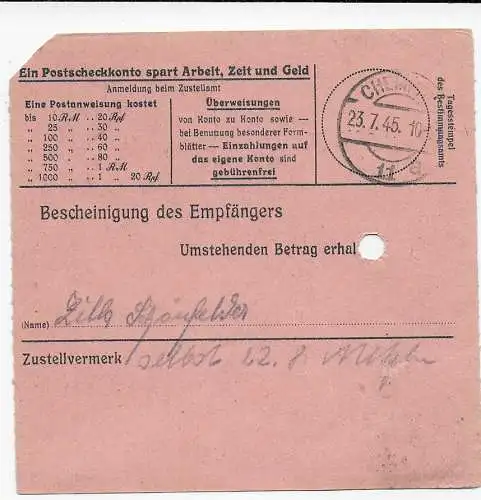 Paketkarte Bahnofskasse Chemnitz-Hübersdorf 1945