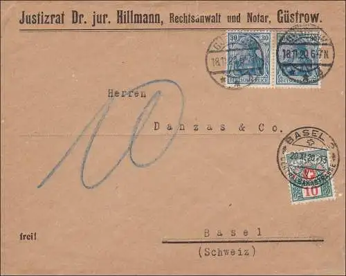 Germania: Brief Justitzrat von Güstrow nach Basel 1920 - Nachgebühr