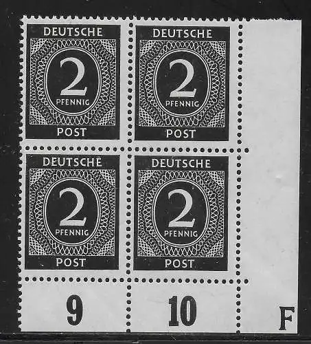 All Bes.: MiNr. 912 Eckrand Viererblock mit Zeichnung -F-, postfrisch, **