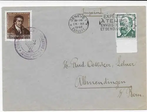 Drucksache Genf nach Allmendingen/Bern, 1940, Ballonpost Stempel