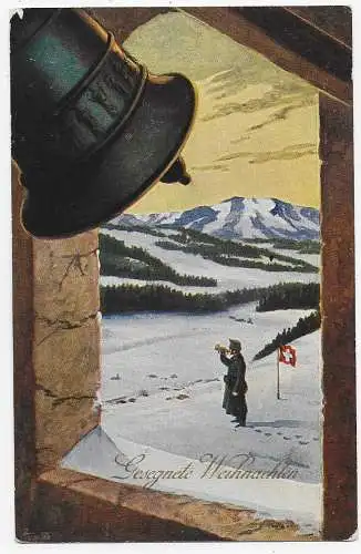 Weihnachtskarte mit Soldat, Kirchenglocke und Trompete, Grenzbesetzung, Bern