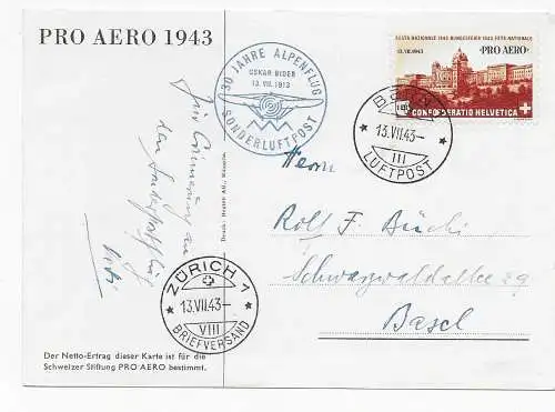 30 Jahre Biders's Alpenflug, Sonderflugpost 1943, Bern - Zürich-Basel