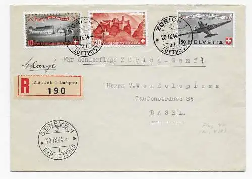 Einschreiben Zürich Luftpost 1944 nach Basel, Sonderflug Zürich-Genf