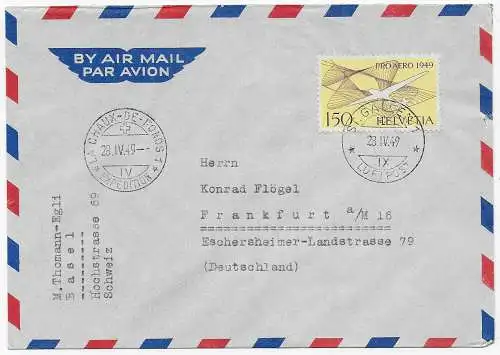 Luftpost St. Gallen 1949 über Chaux-de-Fonds nach Frankfurt