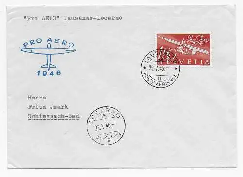 Pro Aero Lausanne - Locarno 1946 - Luftpost, FDC
