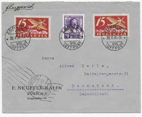 Flugpost 1936 von Zürich nach Darmstadt über Frankfurt/M