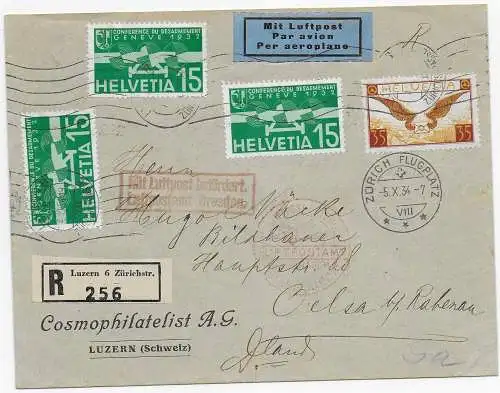 Flugpost: Einschreiben Luzern 1934 nach Oelsa, Luftpostamt Dresden