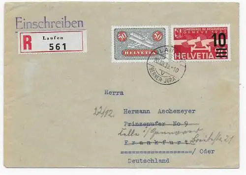 Einschreiben Laufen 1938 nach Frankfurt, Weiterleitung Hannover