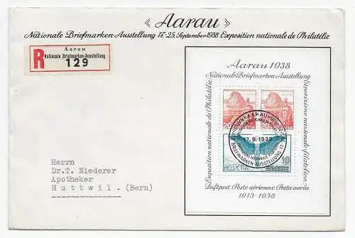 Aarau Nationale Briefmarkenausstellung 1938 FDC Einschreiben Huttwil, MiNr. Bl.4