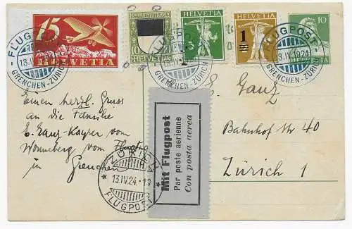 Flugpost Grenchen-Zürich 1924 nach Zürich