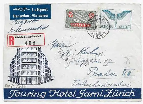 Luftpost Einschreiben Zürich nach Prag, Hotel Brief 1939