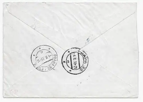 Luftpost Einschreiben Zürich nach Prag, Hotel Brief 1939