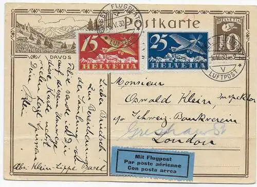 Flugpost/Luftpost Postkarte Basel nach London, 1930