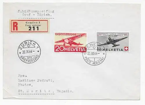 Einschreiben Jubiläumspostflug Genf-Zürich, 1944 nach St. Moritz