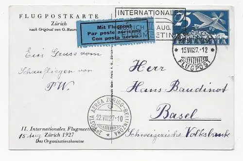 Flugpostkarte mit Flugpost Zürich Bellinzona nach Basel 1927