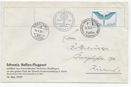 Ballonpost - Flugpost Wettfliegen Zürich nach Bäretswil 1939, Hotelbriefumschlag