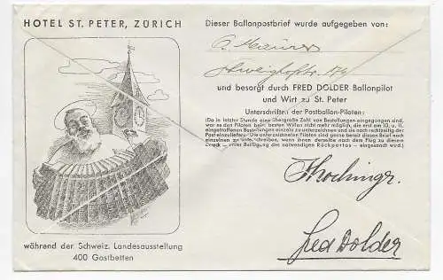 Ballonpost - Flugpost Wettfliegen Zürich nach Bäretswil 1939, Hotelbriefumschlag