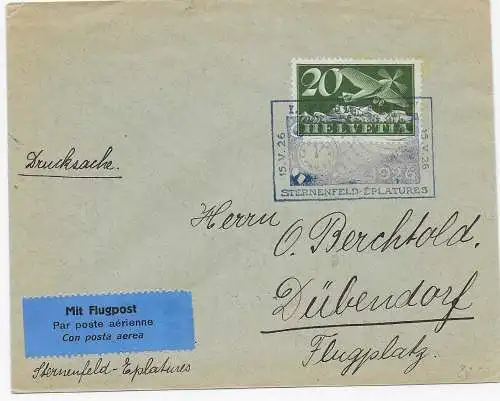 Flugpost Drucksache 1926 Sternenfeld-Eplatures nach Dübendorf, Stempel Rückseite