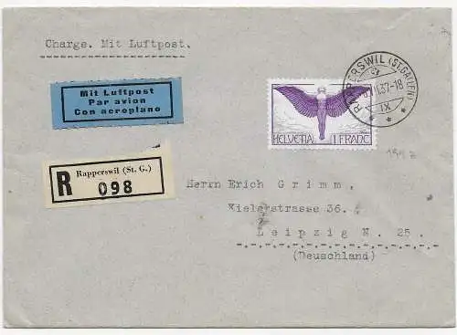 Flugpost Einschreiben 1937 Rapperswil/St. Gallen nach Leipzig