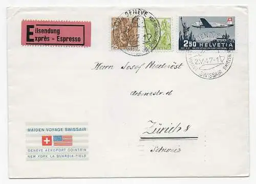 Eilsendung Genf über Swissair über Washington nach Zürich 1947