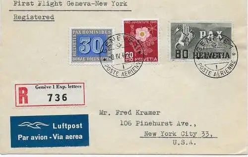 Einschreiben Luftpost Genf nach New York City 1946