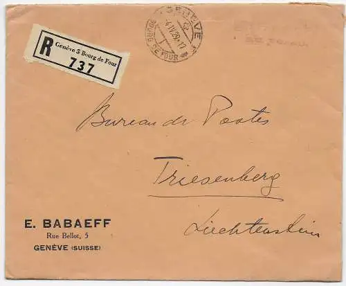Einschreiben Genf, 1929 nach Triesenberg/Li