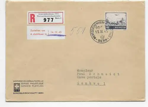 Einschreiben Generaldirektion Wertzeichenverkaufsstelle Bern, 1945 nach Genf