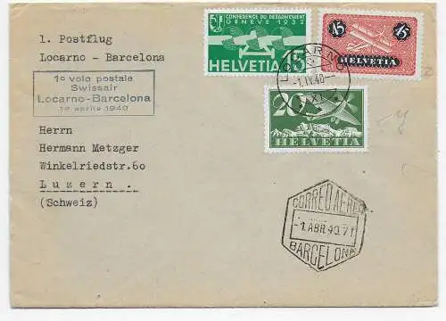 1. Postflug Locarno - Barcelona 1940 nach Luzern