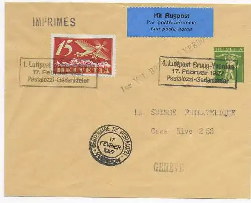 Flugpost: 1. Luftpost Brugg-Yerdon, 1927, Pestalozzi-Gedenkfeier nach Genf