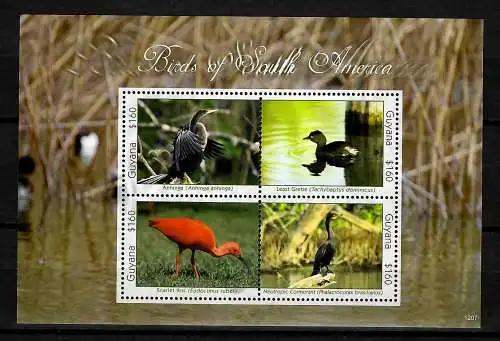 Vögel-Briefmarken Block -- Guyana: Scarlet, Anhinga, Least Grebe, Neotropic