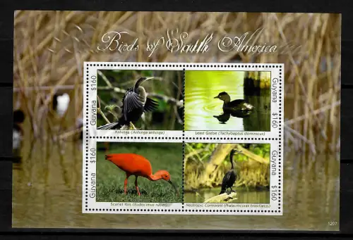 Vögel-Briefmarken Block -- Guyana: Scarlet, Anhinga, Least Grebe, Neotropic