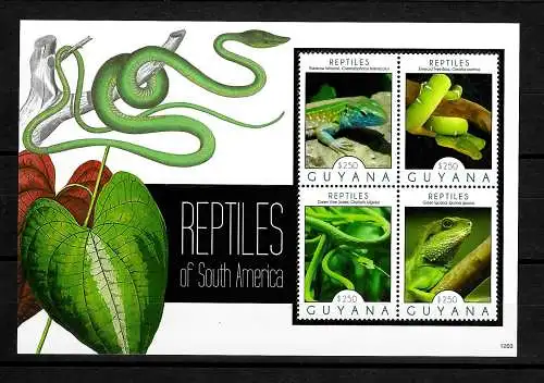 Reptilien-Briefmarken Block -- Guyana: Whiptail, Boa, Green Vine Snake, Iguana