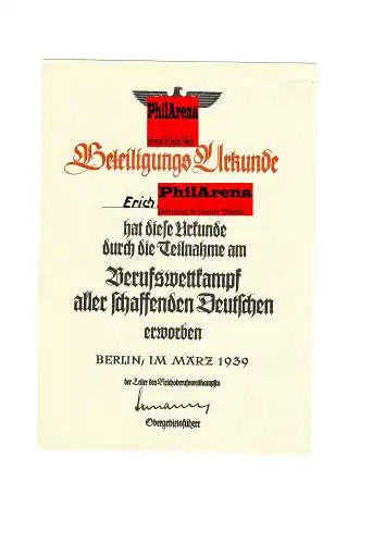 2x Urkunde: Ehrenurkunde und Beteiligungsurkunde im Berufswettkampf 1939