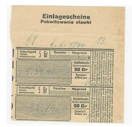 GG Generalgouvernement: Einlagenschein: Geldeinsatz 50 Gr, 1942, Tarnow - LOTTO