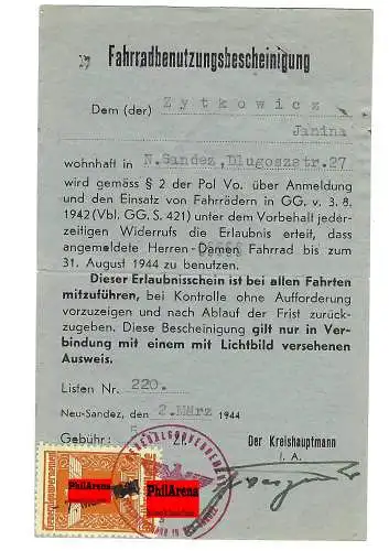 GG Generalgouvernement: Fahrradbenutzungsschein 1944, Neu Sandez mit Steuermarke