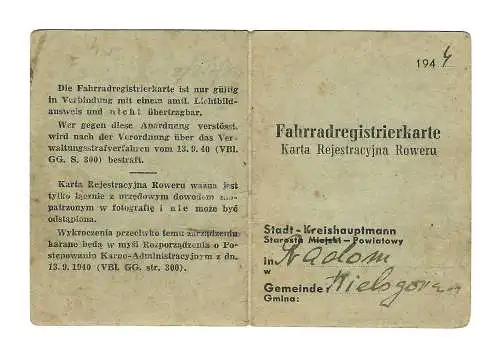 GG Generalgouvernement: Fahrradregistrierkarte Wielogora 1944, Radom