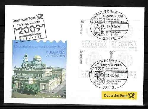 Ausstellungsbeleg zur Ausstellung Bulgaria 2009, Sonderstempel, Uni Sofia