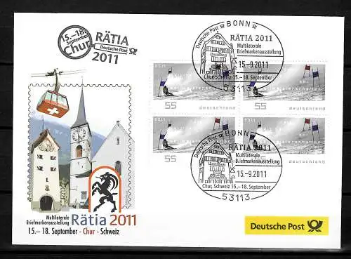 Ausstellungsbeleg zur Briefmarken-Ausstellung Rätia 2011, Chur, Skifahen