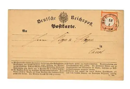 Postkarte Hersfeld 1873 nach Kassel, T&T Stempel