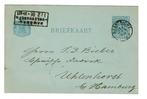 Postkarte Maastricht 1886 nach Hamburg Uhlenhorst, Ankunftsstempel