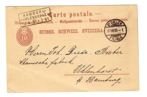 Postkarte St. Gallen 1886 nach Hamburg Uhlenhorst, Ankunftsstempel