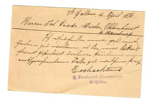 Postkarte St. Gallen 1886 nach Hamburg Uhlenhorst, Ankunftsstempel