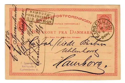 Postkarte Kopenhagen 1886 nach Hamburg Uhlenhorst, Ankunftsstempel