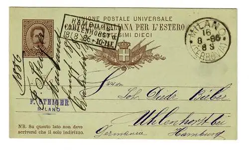Postkarte Milano 1888 nach Hamburg Uhlenhorst, Ankunftsstempel
