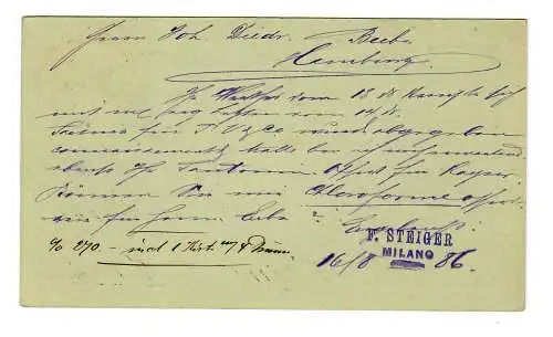 Postkarte Milano 1888 nach Hamburg Uhlenhorst, Ankunftsstempel