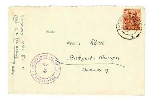 Brief Ludwigsburg Hohen Asperg, Interniertenlager nach Stgt.-Wangen 1947