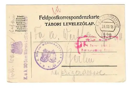 K.u.K Feldpostamt 1916 Mörserbatterie Nr. 25 nach Berlin